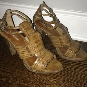 Tan strappy sandals 4 inch heel with flex heel